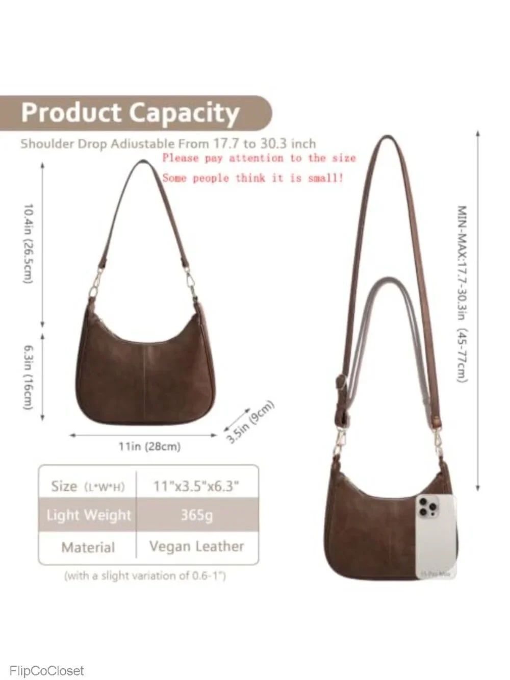 Vegan Leather Hobo Shoulder Bag Crescent Crossbody Purse